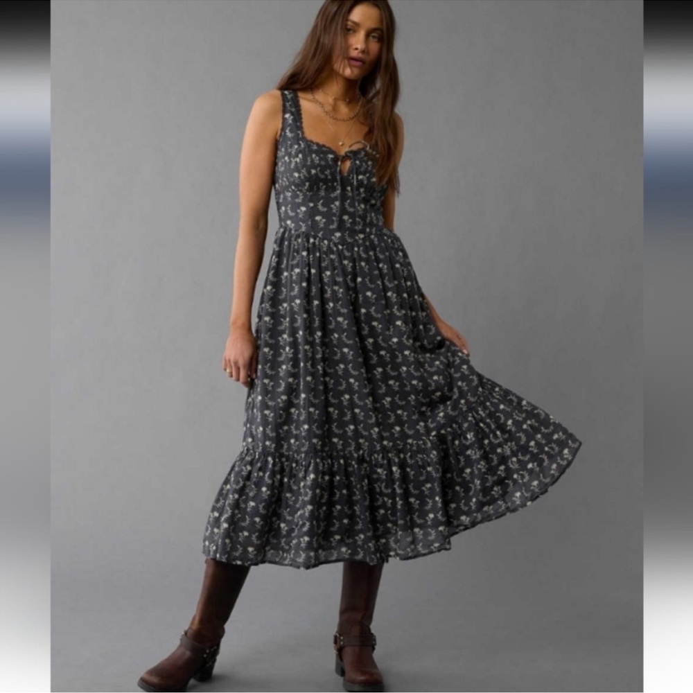 American Eagle Catie Corset Midi Dress Dark Florals CottageCore Prairie Small